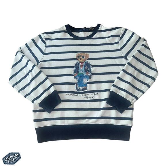 POLO RALPH LAUREN Men’s Navy Blue/White Polo Bear Striped Fleece Sweatshirt - Picture 4 of 16